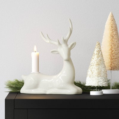  8.25" Taper Crackled Ceramic Deer Christmas Candle Holder White - Wondershop™