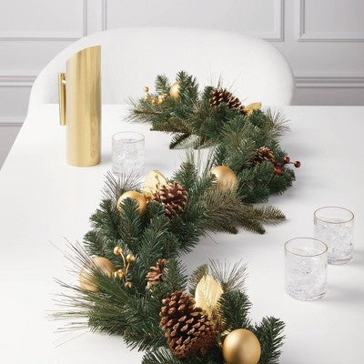  6' Mixed Greenery With Gold Berries And Ornaments Christmas Artificial Garland Green - Wondershop™