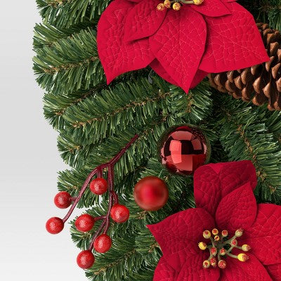  28" Decorated Pine And Poinsettia Flowers Hanging Christmas Artificial Swag - Wondershop™