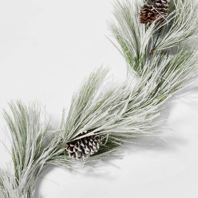  9' Battery Operated Pre-Lit Flocked Long Needle Artificial Pine Christmas Garland Warm White LED Lights - Wondershop™