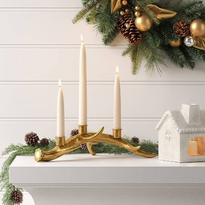  3.75"x11.5" Taper Metal Antler Christmas Sculpture Candle Holder Gold - Wondershop™