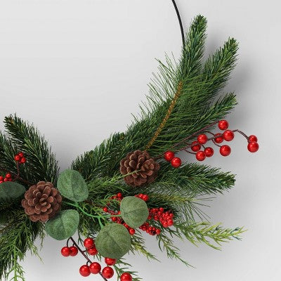 22" Mixed Greenery With Pinecones & Red Berries Artificial Christmas Wreath Green - Wondershop™