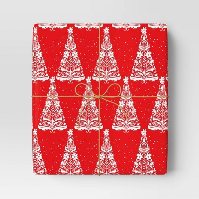  30” 20 Sq Ft Christmas Roll Wrap White Trees On Red - Wondershop™