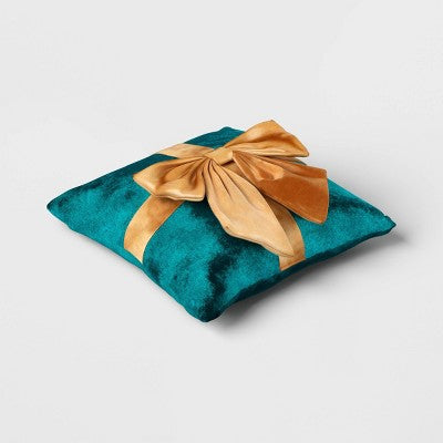  16"x6" Christmas Green Velvet Square Pillow With Teal Bow - Wondershop™